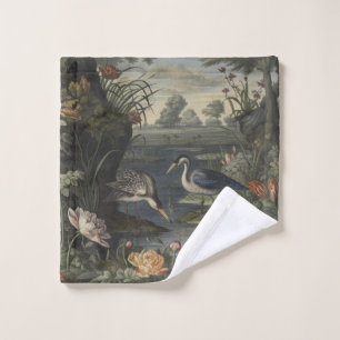 Botanical scene of blue cranes by  a river bath towel set