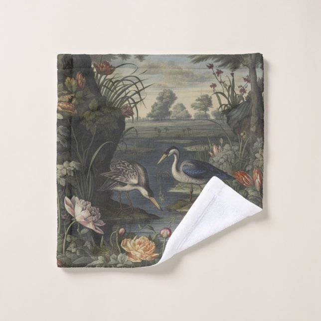 Botanical scene of blue cranes by  a river bath towel set (Wash Cloth)