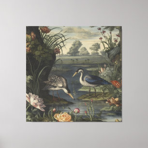Botanical scene of blue cranes by  a river canvas print