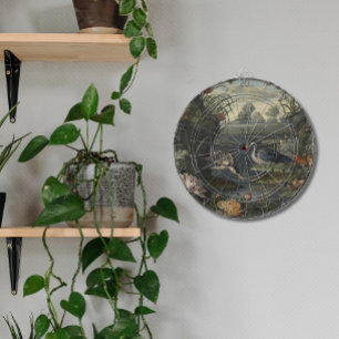 Botanical scene of blue cranes by  a river dartboard