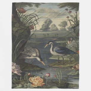 Botanical scene of blue cranes by a river fleece blanket