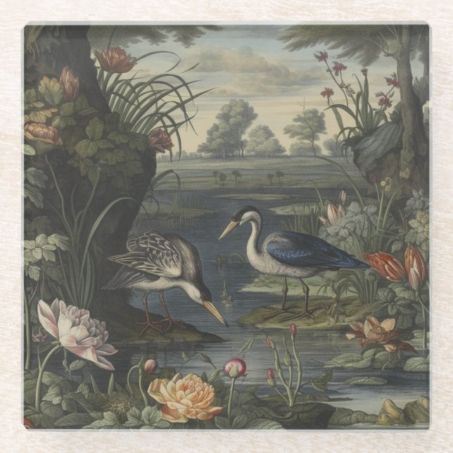 Botanical scene of blue cranes by  a river glass coaster (Front)