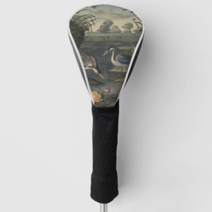 Botanical scene of blue cranes by  a river golf head cover