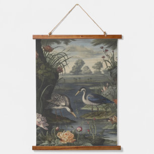 Botanical scene of blue cranes by  a river hanging tapestry
