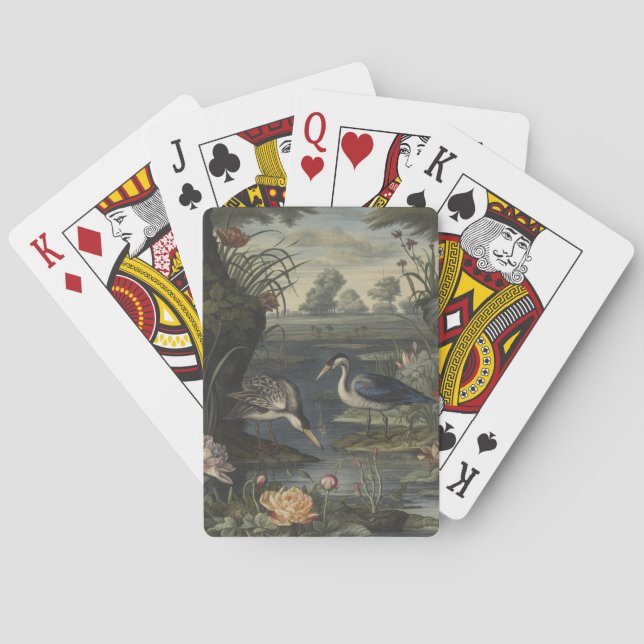 Botanical scene of blue cranes by  a river playing cards (Back)