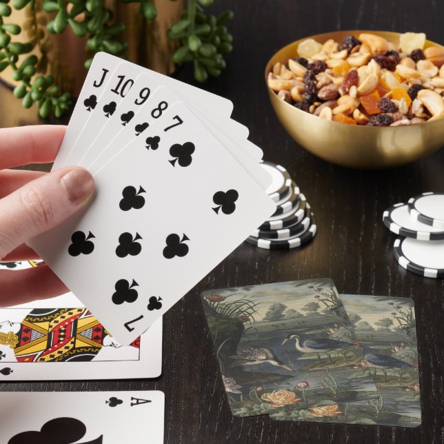 Botanical scene of blue cranes by  a river playing cards (In Situ)