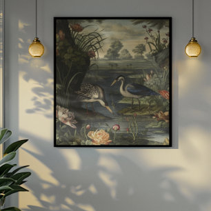 Botanical scene of blue cranes by a river poster