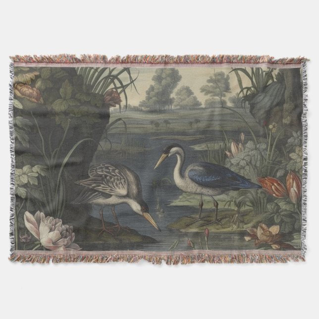 Botanical scene of blue cranes by  a river throw blanket (Front)