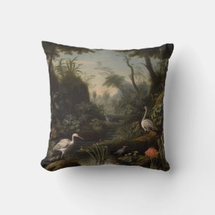 Botanical scene of cranes near a river cushion