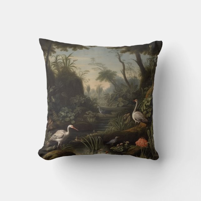 Botanical scene of cranes near a river cushion (Front)