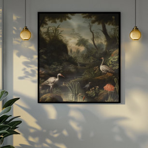 Botanical scene of cranes near a river poster