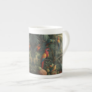 Botanical scene of parrots and pineapples bone china mug