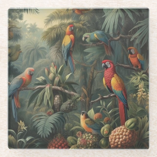 Botanical scene of parrots and pineapples  glass coaster (Front)