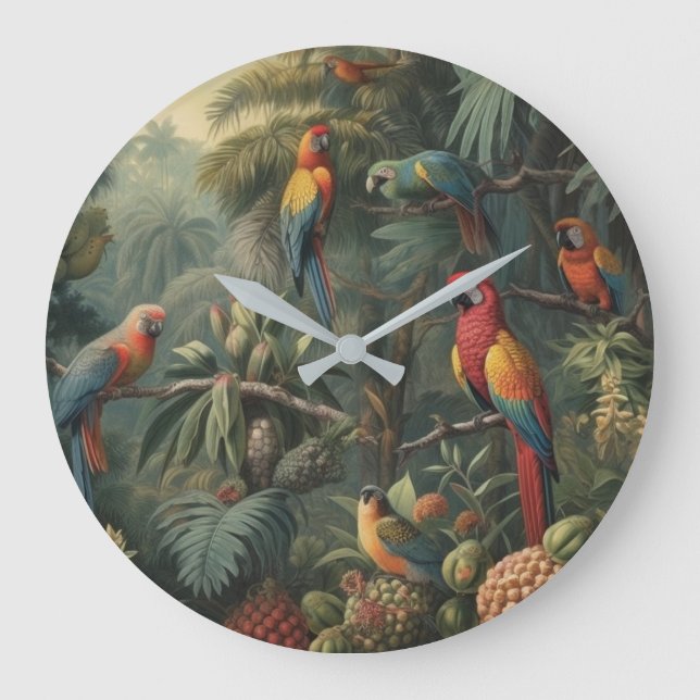 Botanical scene of parrots and pineapples  large clock (Front)