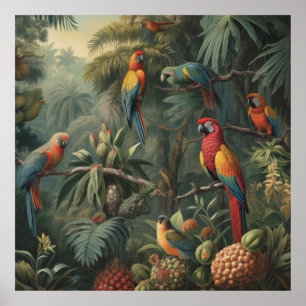 Botanical scene of parrots and pineapples poster