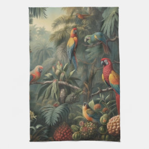 Botanical scene of parrots and pineapples tea towel