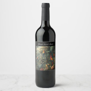 Botanical scene of parrots and pineapples  wine label