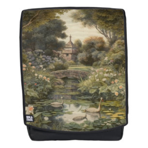 Botanical scene of swans in an English garden Backpack