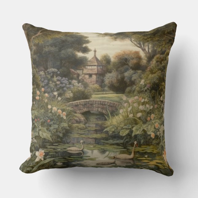 Botanical scene of swans in an English garden Cushion (Front)