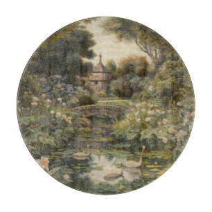 Botanical scene of swans in an English garden Cutting Board