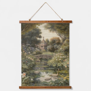 Botanical scene of swans in an English garden Hanging Tapestry
