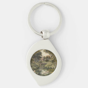 Botanical scene of swans in an English garden Key Ring