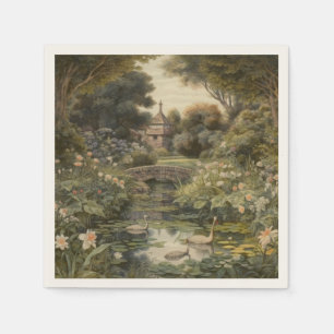 Botanical scene of swans in an English garden Napkin