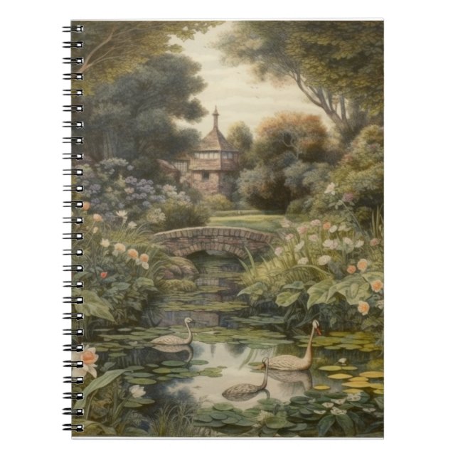 Botanical scene of swans in an English garden Notebook (Front)