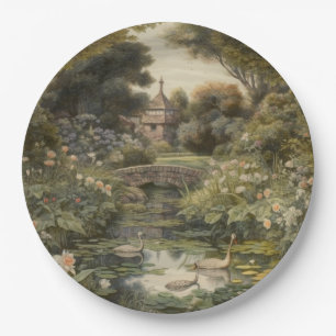 Botanical scene of swans in an English garden Paper Plate