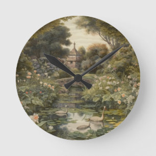 Botanical scene of swans in an English garden Round Clock