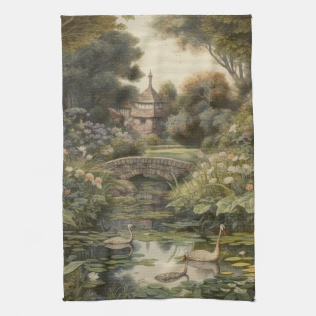 Botanical scene of swans in an English garden Tea Towel (Vertical)