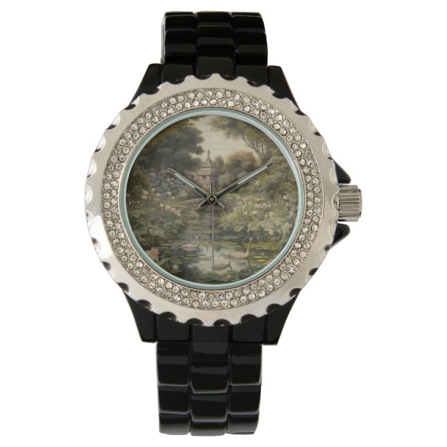 Botanical scene of swans in an English garden Watch (Front)