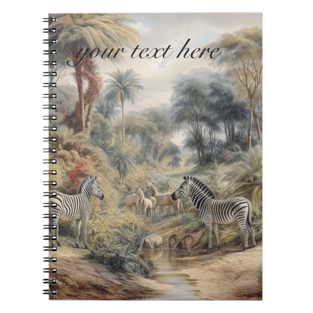 Botanical scene of zebras and lions customisable notebook (Front)