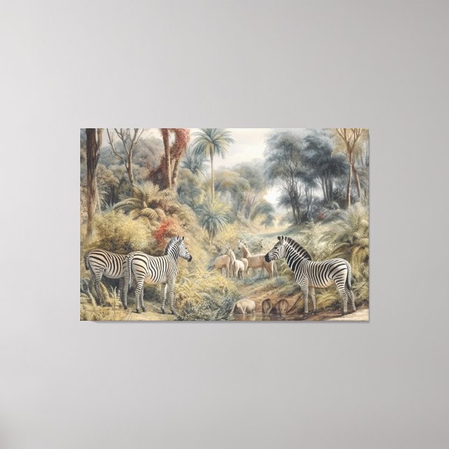 Botanical scene of zebras and lions in an oasis canvas print (Front)