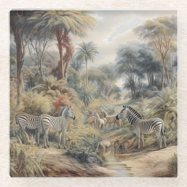 Botanical scene of zebras and lions in an oasis glass coaster (Front)