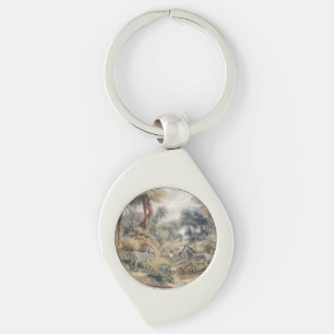 Botanical scene of zebras and lions in an oasis key ring