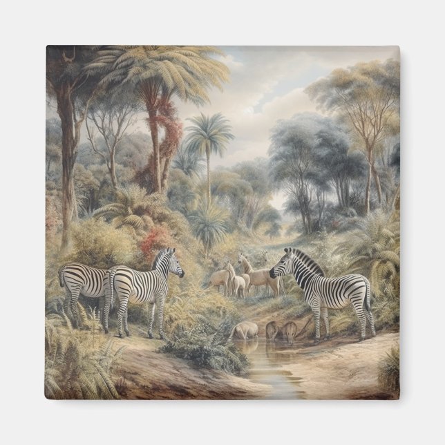 Botanical scene of zebras and lions in an oasis magnet (Front)