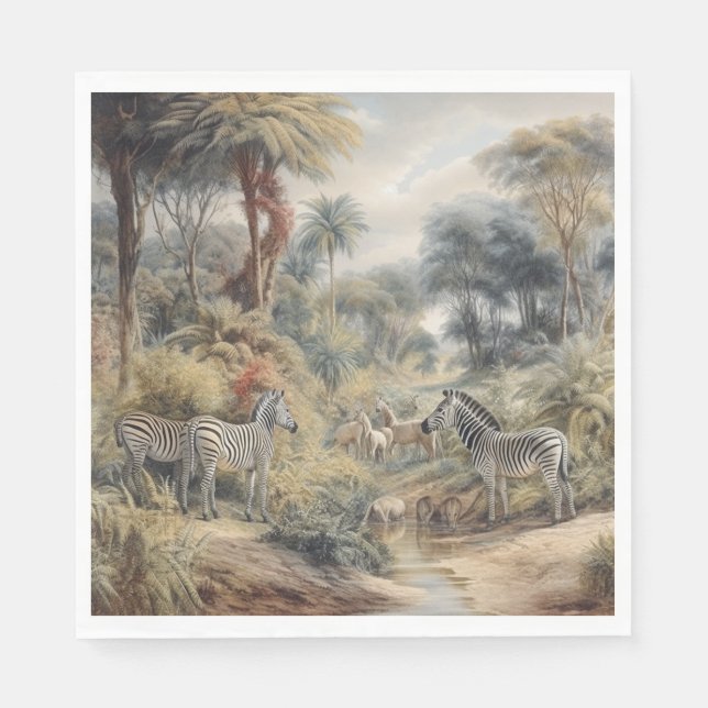 Botanical scene of zebras and lions in an oasis napkin (Front)