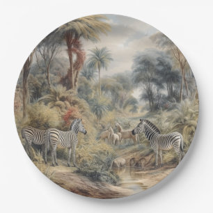 Botanical scene of zebras and lions in an oasis paper plate