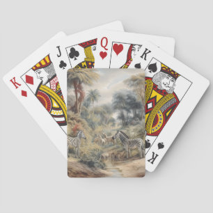 Botanical scene of zebras and lions in an oasis playing cards