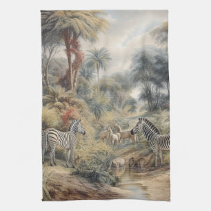 Botanical scene of zebras and lions in an oasis tea towel