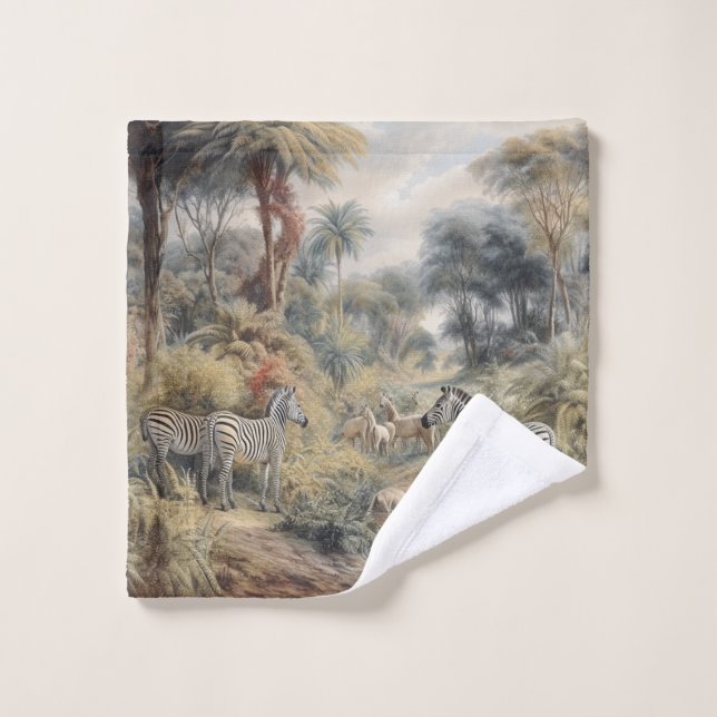 Botanical scene of zebras in an oasis bath towel set (Wash Cloth)