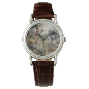 Botanical scene of zebras in an oasis watch