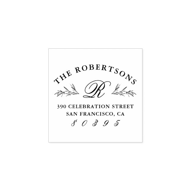 Botanical Script Monogram Elegant Return Address Rubber Stamp (Imprint)