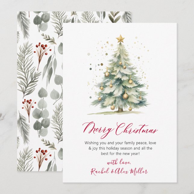 Botanical Script Tree Non Photo Christmas Cards (Front/Back)