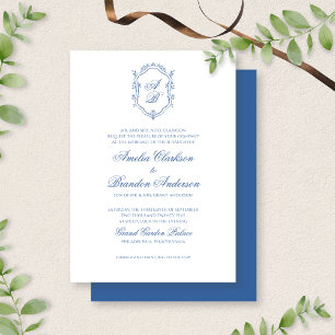 Botanical Sea Blue Monogram Crest & Script Wedding Invitation