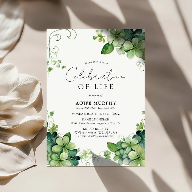 Botanical Shamrock Clover Celebration of Life Invitation (Creator Uploaded)
