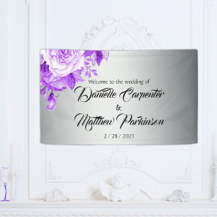 Botanical Silver and Purple Roses Wedding Welcome Banner