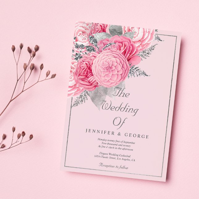 Botanical silver glitter pink floral wedding  invitation (Botanical silver glitter pink floral wedding)
