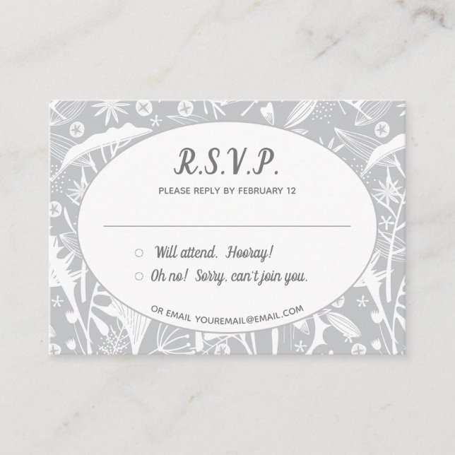 Botanical Silver Grey Pattern RSVP Enclosure Card (Front)